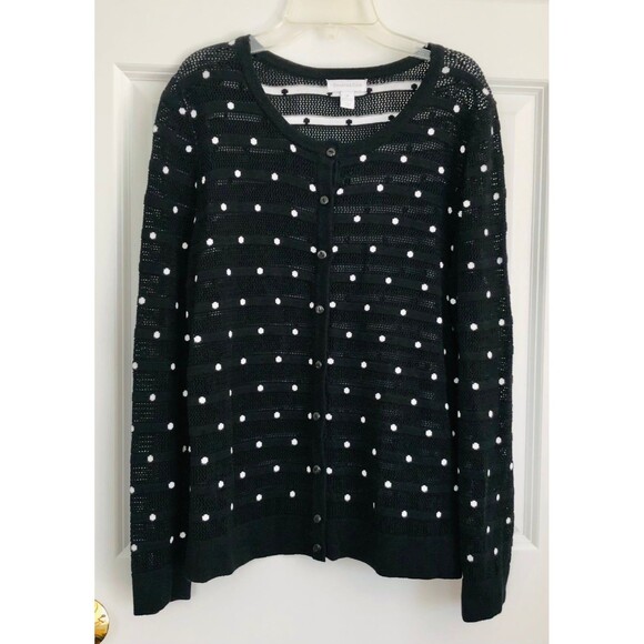 CHARTER CLUB Women's Sweater Cardigan size Medium Black Polka Dot Button Down - Picture 3 of 9